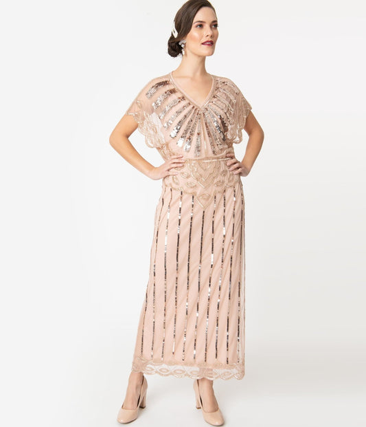 1920s Blush Pink Deco Angelina Maxi Flapper Dress - Unique Vintage - Womens, FLAPPER, SLEEVED BEADED