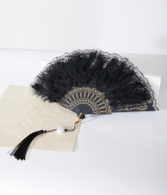 1920s Style Black Marabou Feather Fan - Unique Vintage - Womens, ACCESSORIES, FLAPPER
